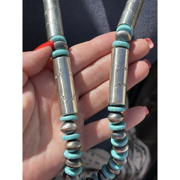 Navajo Sterling Silver Turquoise Handmade Beaded Necklace & Earrings Set - Picture 7 of 8